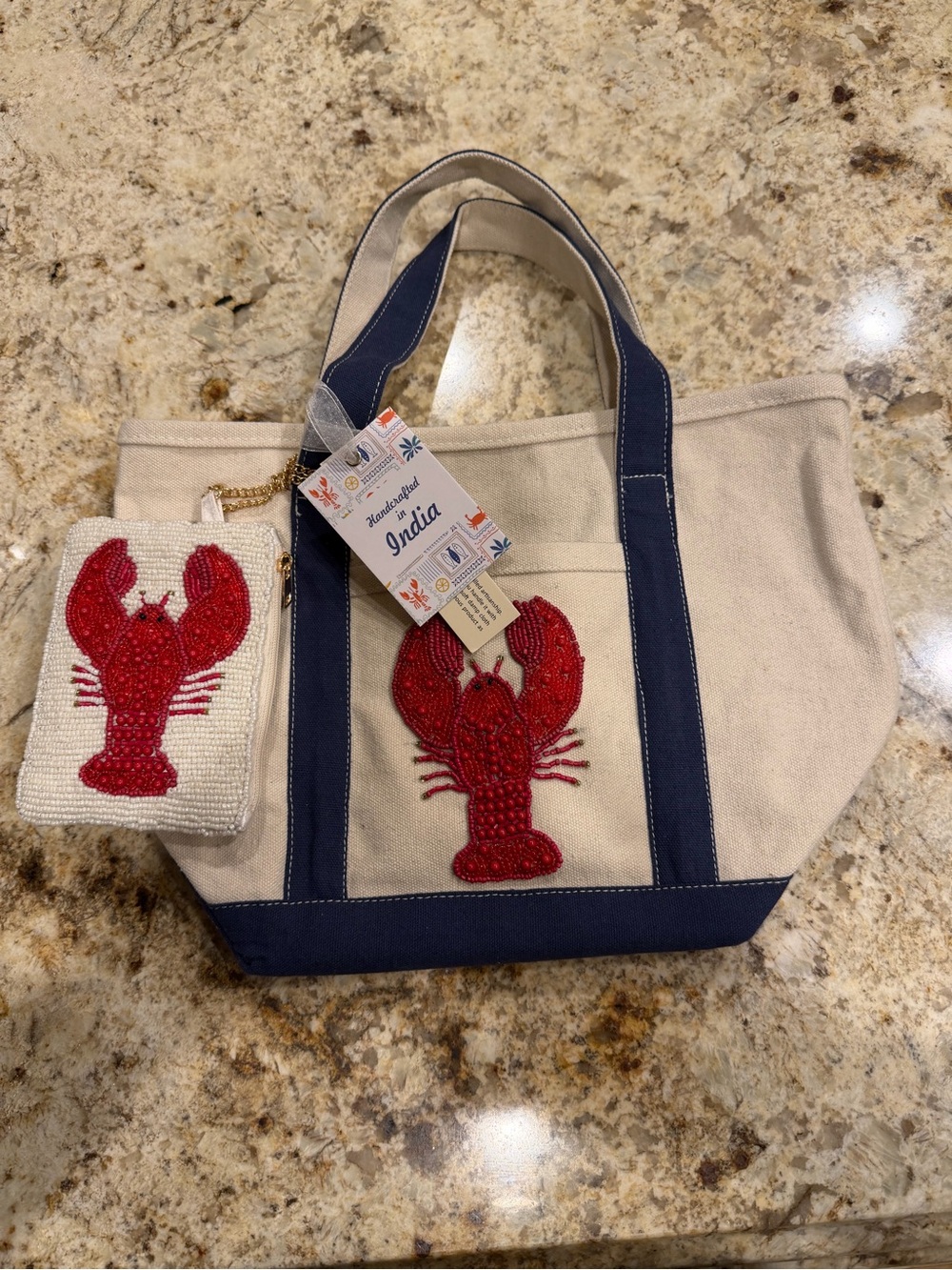 Canvas Tote with Red Beaded Lobster and matching beaded coin purse